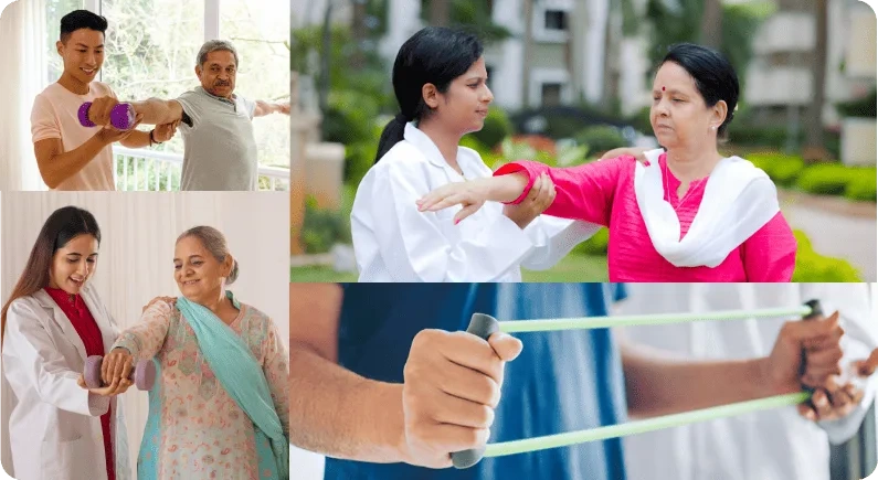 Indian physiotherapist gently helping an elderly patient stand safely at home